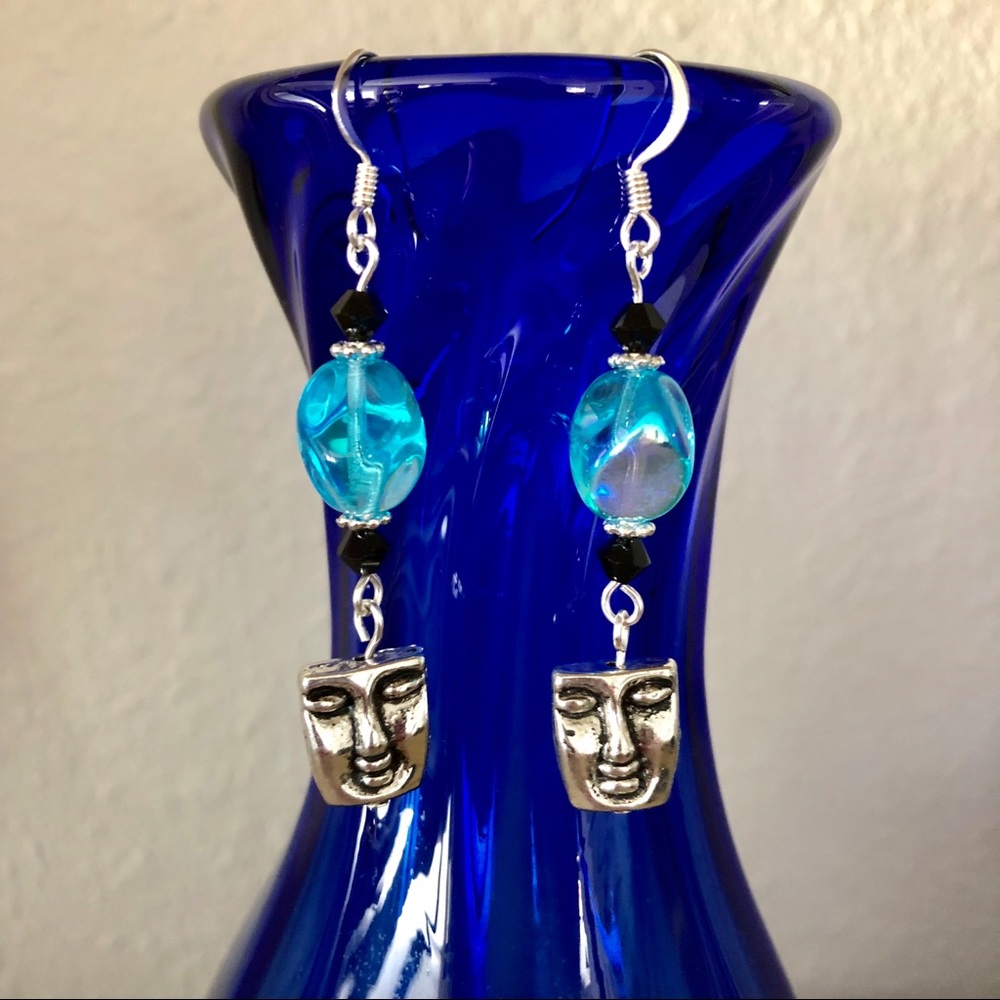 Earrings Handmade Aqua glass/Face NEW